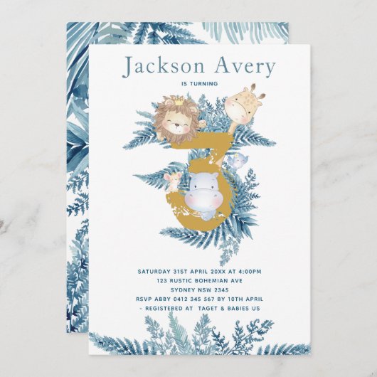 Blue Safari Animals 3. Geburtstag Einladung (Vorne/Hinten)