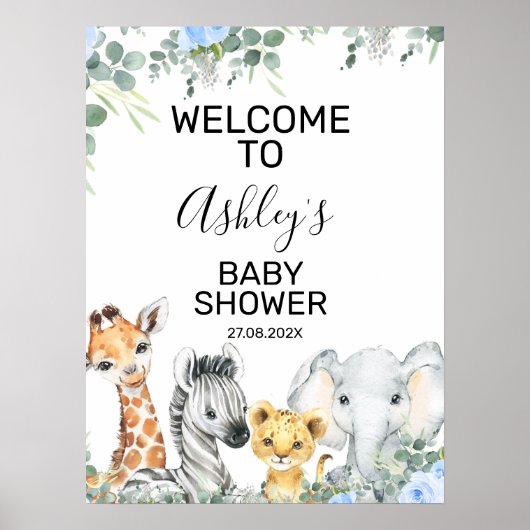 Blue Safari Floral Baby Dusche Begrüßungszeichen Poster (Vorne)