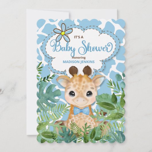 Blue Safari Giraffe Baby Dusche Einladung (Vorderseite)