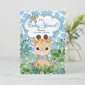 Blue Safari Giraffe Baby Dusche Einladung (Stehend Vorderseite)