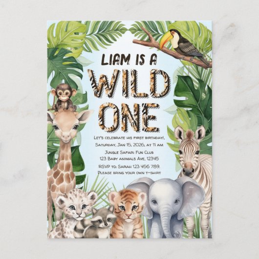 Blue Safari Tiere zum Thema Wild zum ersten Geburt Einladungspostkarte (Vorderseite)