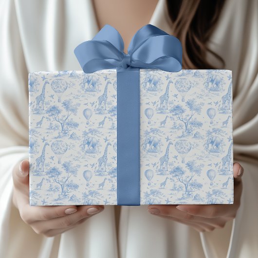Blue Safari Toile de Jouy Baby Shower Geschenkpapier