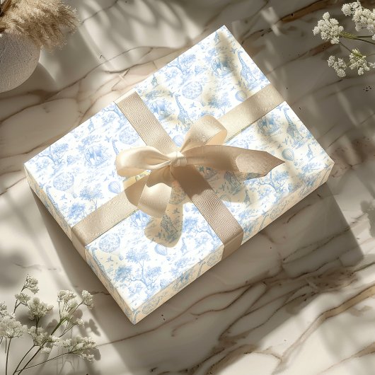 Blue Safari Toile de Jouy Baby Shower Geschenkpapier