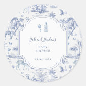 Blue Safari Toile de Jouy | Babyparty Runder Aufkleber (Vorderseite)
