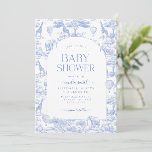Blue Safari Toile De Jouy Boy Baby Dusche Einladung (Stehend Vorderseite)