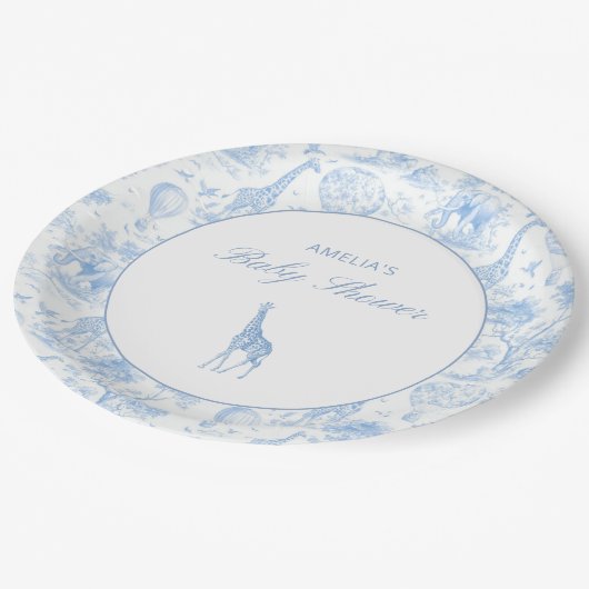 Blue Safari Toile De Jouy Boy Baby Shower Pappteller (Schrägansicht)
