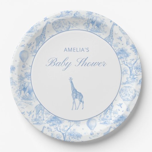 Blue Safari Toile De Jouy Boy Baby Shower Pappteller (Vorderseite)