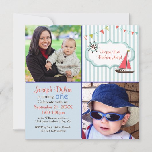 Blue Sailboat 2 Foto Kinder - Einladung zum Geburt (Vorderseite)