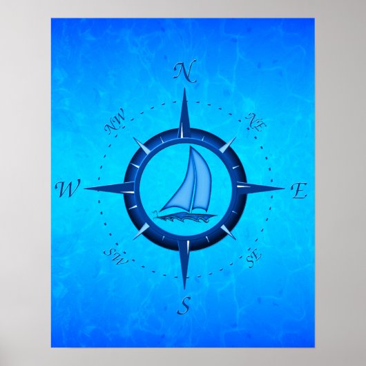 Blue Sailboat and Compass Rose Poster (Vorne)