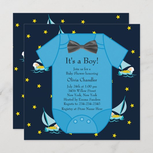 Blue Sailboat Baby Boy Dusche Einladung (Vorne/Hinten)