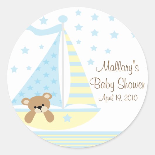 Blue Sailboat Baby Showaufkleber Runder Aufkleber (Vorderseite)