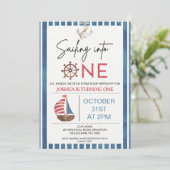 Blue Sailboat der Marine segelt bis zum 1. Geburts Einladung (Stehend Vorderseite)