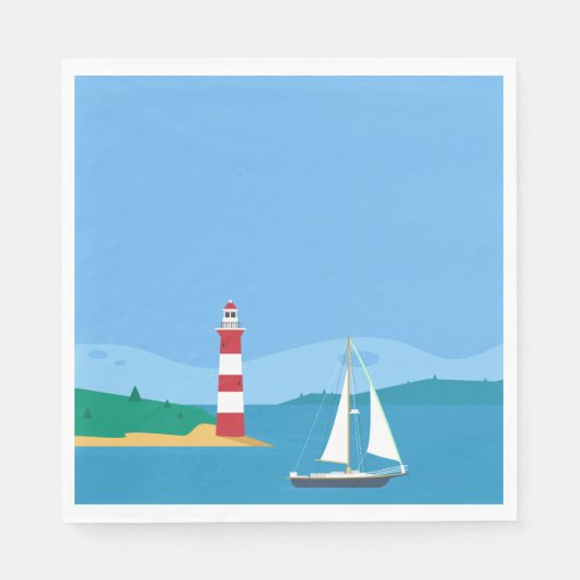 Blue Sailboat & Lighthouse Wedding Party Serviette (Vorderseite)