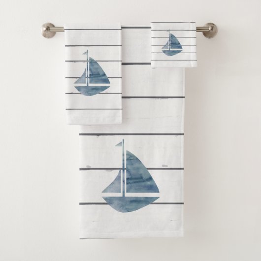Blue Sailboat Nautic Shiplap Badetuch Set (Insitu)
