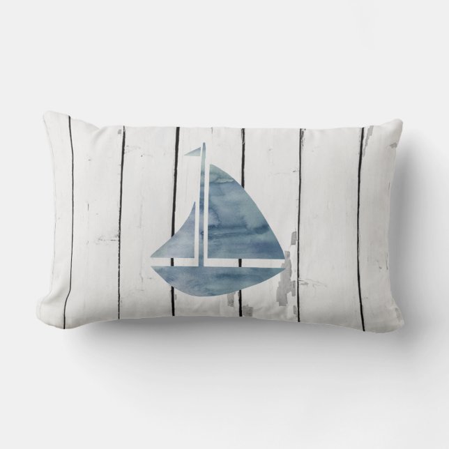 Blue Sailboat Nautical Shiplap Rustic Beach Deco Lendenkissen (Vorderseite)