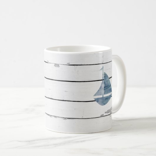 Blue Sailboat Nautical Shiplap Rustic Kaffeetasse (VorderseiteRechts)