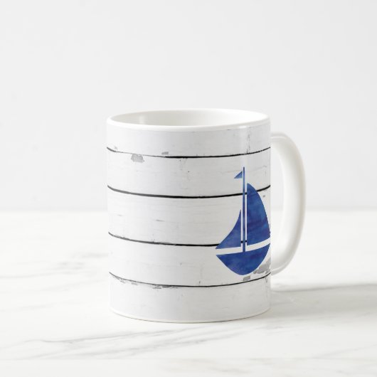 Blue Sailboat Nautical Shiplap Rustic Kaffeetasse (VorderseiteRechts)