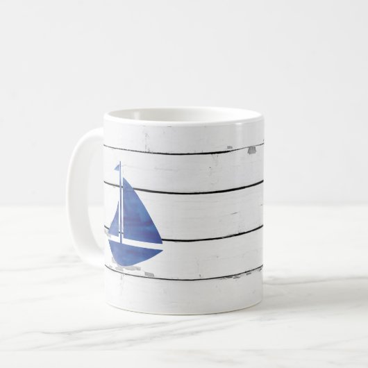 Blue Sailboat Nautical Shiplap Rustic Kaffeetasse (Vorderseite Links)