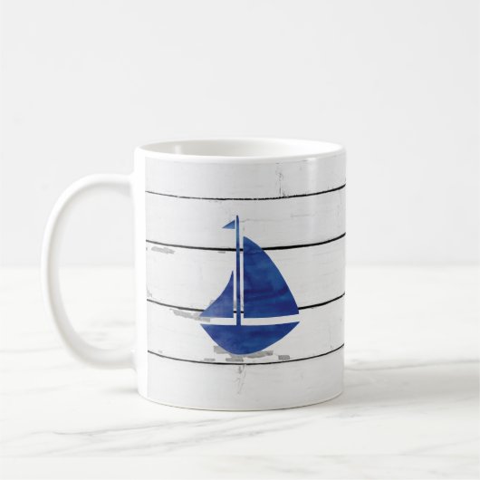 Blue Sailboat Nautical Shiplap Rustic Kaffeetasse (Links)