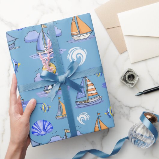 Blue Sailing Boat Wrapping Paper Geschenkpapier (Schenken)