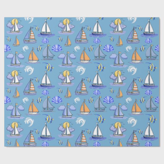Blue Sailing Boat Wrapping Paper Geschenkpapier (Flach)