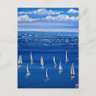 Blue Sailing Sailboats Folklorekunst Postkarte