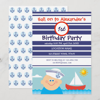 Blue Sailor Boy und Sailboat Erster Geburtstag Einladung
