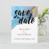 Blue & Sand Beach Wasserfarbe Save the Date (Stehend Vorderseite)