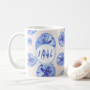Blue Sand Dollar Aquarell-kundenspezifische Monogr Kaffeetasse