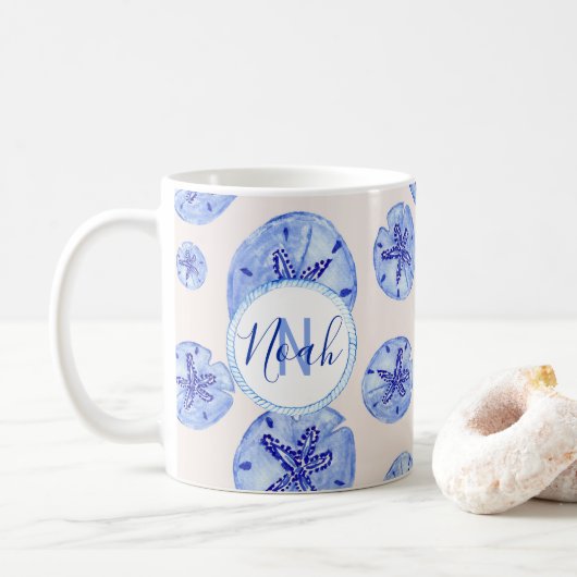 Blue Sand Dollar Aquarell-kundenspezifische Monogr Kaffeetasse (Mit Donut)