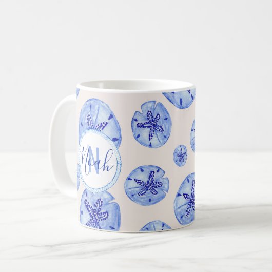 Blue Sand Dollar Aquarell-kundenspezifische Monogr Kaffeetasse (Vorderseite Links)