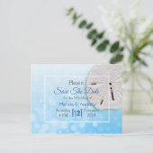 Blue Sand Dollar Themed Wedding Save the Date Ankündigungspostkarte (Stehend Vorderseite)