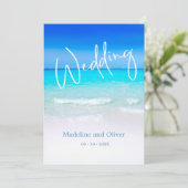 Blue Sand Hotel Wedding Beach Ocean Modernes Ziel Einladung (Stehend Vorderseite)