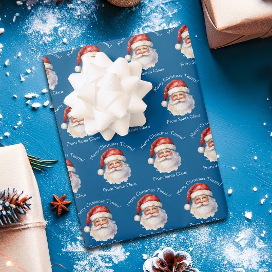 Blue Santa Claus Personalisiert Kids Weihnachten Geschenkpapier Set