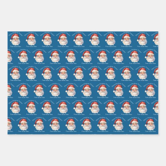 Blue Santa Claus Personalisiert Kids Weihnachten Geschenkpapier Set (Vorderseite 3)