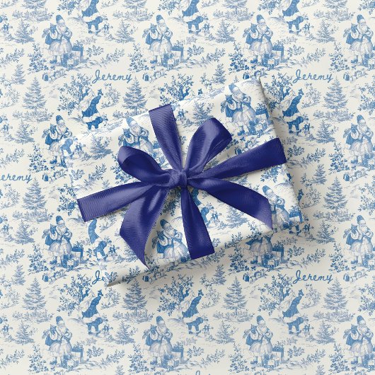 Blue Santa Toile Wrapping Paper Vintage Geschenkpapier