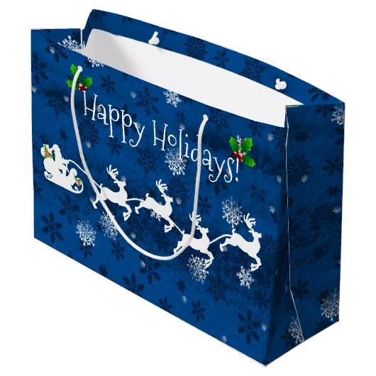 Blue Santa's Sleigh and Rentier Gift Bag Große Geschenktüte (Rückseite Schrägansicht)