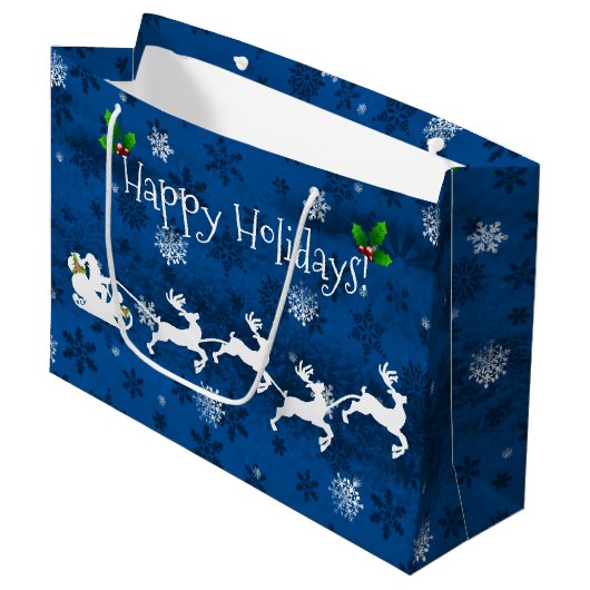 Blue Santa's Sleigh and Rentier Gift Bag Große Geschenktüte (Vorderseite Schrägansicht)