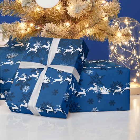 Blue Santa's Sleigh and Rentier Wrapping Paper Geschenkpapier (Feiertage)