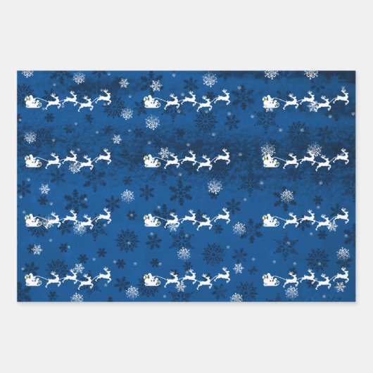 Blue Santa's Sleigh and Rentier Wrapping Paper Geschenkpapier Set (Vorderseite)