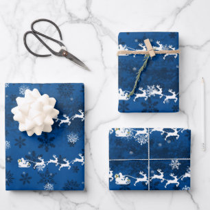 Blue Santa's Sleigh and Rentier Wrapping Paper Geschenkpapier Set