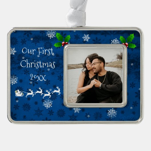 Blue Santa's Sleigh & Rentier Weihnachtsschmuck Rahmen-Ornament Silber (Vorderseite)