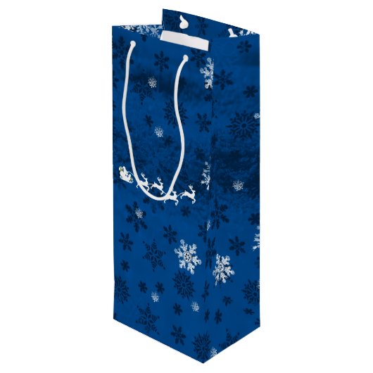 Blue Santa's Sleigh und Rentier Weinbeutel Geschenktüte Für Weinflaschen (Rückseite Schrägansicht)