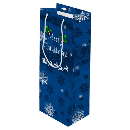 Blue Santa's Sleigh und Rentier Weinbeutel Geschenktüte Für Weinflaschen (Vorderseite Schrägansicht)
