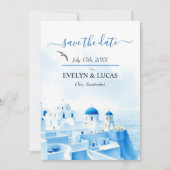 Blue Santorini Griechenland Hochzeit im Aquarell F Save The Date (Vorderseite)