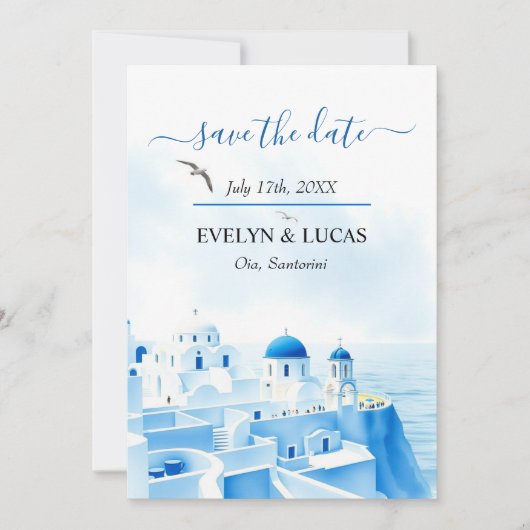 Blue Santorini Griechenland Hochzeit im Aquarell F Save The Date (Vorderseite)