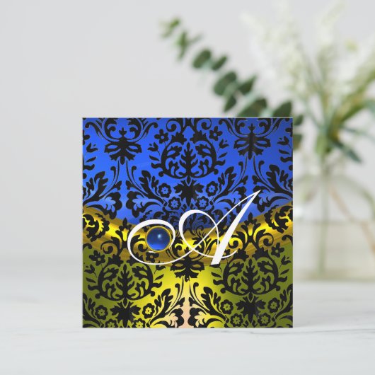 BLUE SAPPHIRE BLACK DAMASK MONOGRAM EINLADUNG (Stehend Vorderseite)