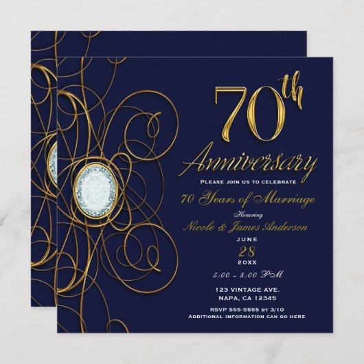 Blue Sapphire & Gold Diamond 70 Jahre Einladung (Vorne/Hinten)
