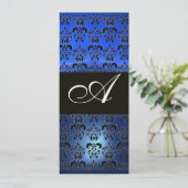 BLUE SAPPHIRE UND SCHWARZE DAMASK-MONOGRAMM, weiß Einladung (Stehend Vorderseite)