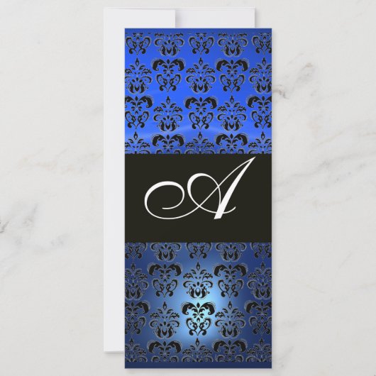 BLUE SAPPHIRE UND SCHWARZE DAMASK-MONOGRAMM, weiß Einladung (Vorderseite)